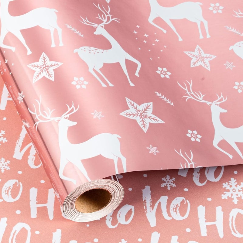 Retrify Christmas Wrapping Paper Roll - 17 Inches x 32.8 Feet - Metallic Pink Reindeer HO Lettering Mini Roll Gift Wrap Paper for Winter Holiday Festive Party Celebrations - Image 2